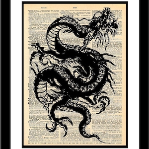 Chinese Dragon 3 Illustration printed on old vintage dictionary paper Unique piece Print Art Eastern Mythology Asian Oriental Symbol Legend