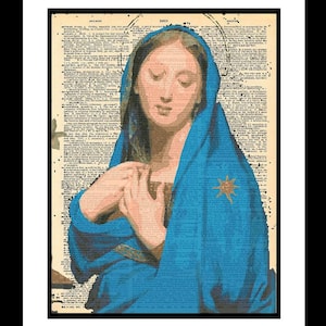 Mary Digital Impressionist Painting printed on vintage dictionary old paper Unique piece of print art Bible Jesus Mother Magnificat Spritual