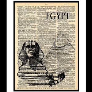 Egyptian Sphinx and Giza Great Pyramid Printed on vintage dictionary old paper Unique piece of print art Gift Souvenir Egypt Necropolis Nile