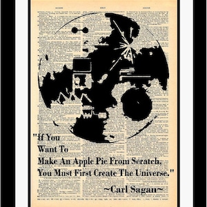 Sale!  Carl Sagan Quote / Voyager 1 Golden Record Original Drawing / Collage print old vintage dictionary paper. Unique NASA Cosmos Space