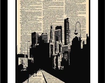 These City Streets printed on vintage dictionary paper making a unique piece of printed art. One of a kind original illustration wall decal