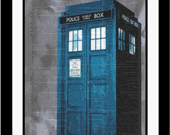 TARDIS printed on vintage dictionary paper Unique piece of art. Dr WHO Fine Art Original Gift Decal Decor Print