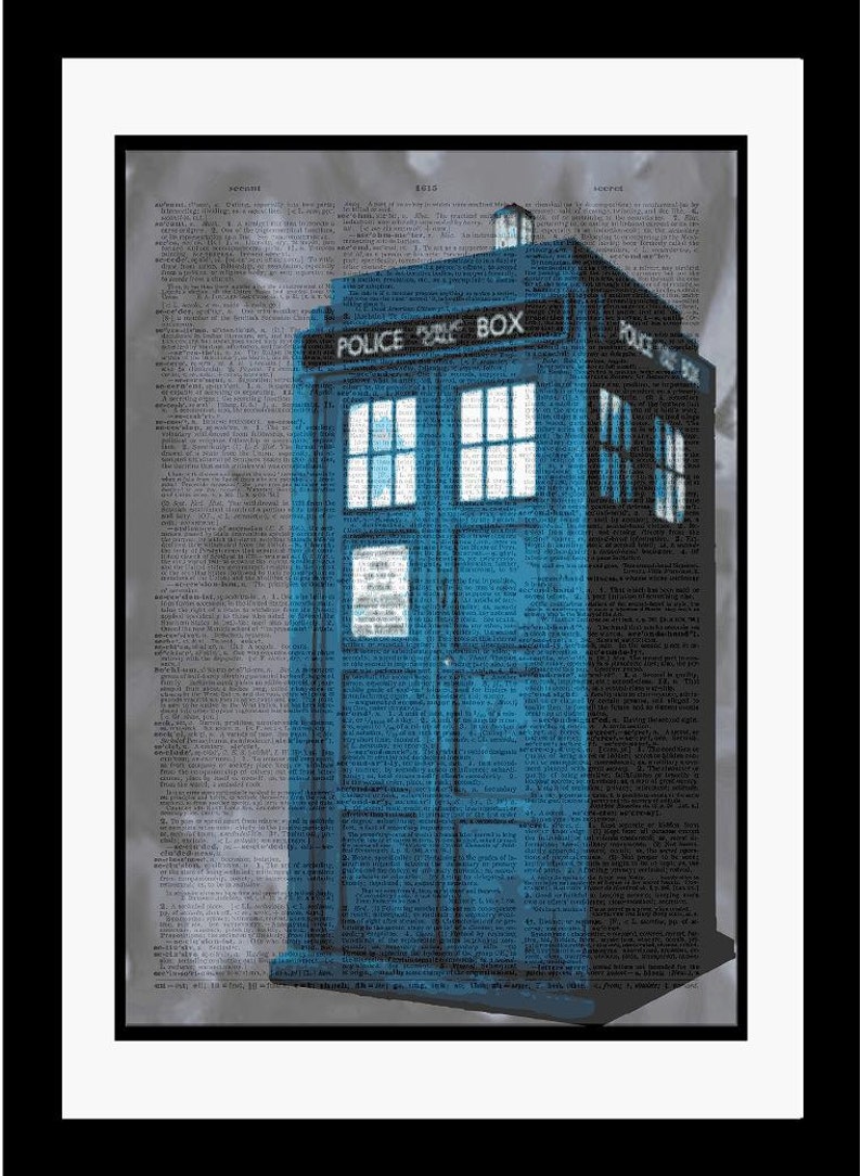 TARDIS printed on vintage dictionary paper Unique piece of art. Dr WHO Fine Art Original Gift Decal Decor Print image 1