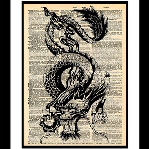 Chinese Dragon 1 Illustration printed on old vintage dictionary paper Unique piece Print Art Eastern Mythology Asian Oriental Symbol Legend
