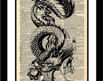 Chinese Dragon 1 Illustration printed on old vintage dictionary paper Special Order for Ruchi!