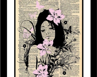 Angel Fairy with flowers illistration printed on vintage dictionary old paper Unique piece of print art Fantasy Beautiful Woman Girl Gift