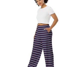 All-over stripe print unisex wide-leg pants with POCKETS! comfy cozy pajamas adjustable waist stretchy