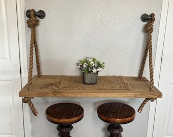 Rope Suspended Wood Desk – Farmhouse Floating Wall Mounted Table