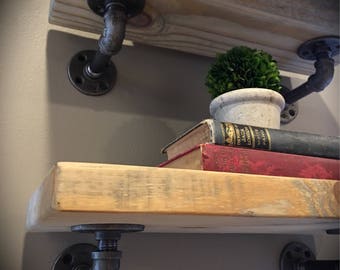 Wood Plant Ledge Shelf - Farmhouse Industrial Solid Wood and Iron Pipe Bracket Wall Mounted Plant Ledge Floating - Whitewash