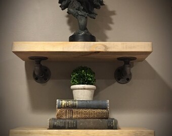 Solid Wood Floating Shelf – Farmhouse Iron Pipe Bracket, Custom Options