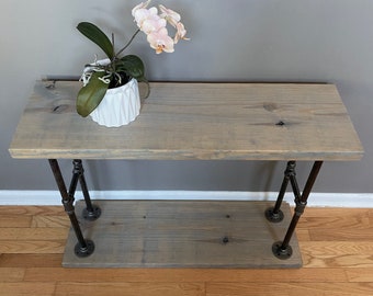 Iron Pipe & Solid Wood ENTRY Table Industrial Seated or Standing Desk - Freestanding Hall / Sofa Table Laptop Custom - Farmhouse Whitewash