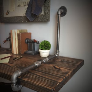 Pipe & Solid Pine Wood Table - Farmhouse - Suspended Wall Mounted / Standing Computer Laptop - Industrial Floating Shelf Table - Whitewash