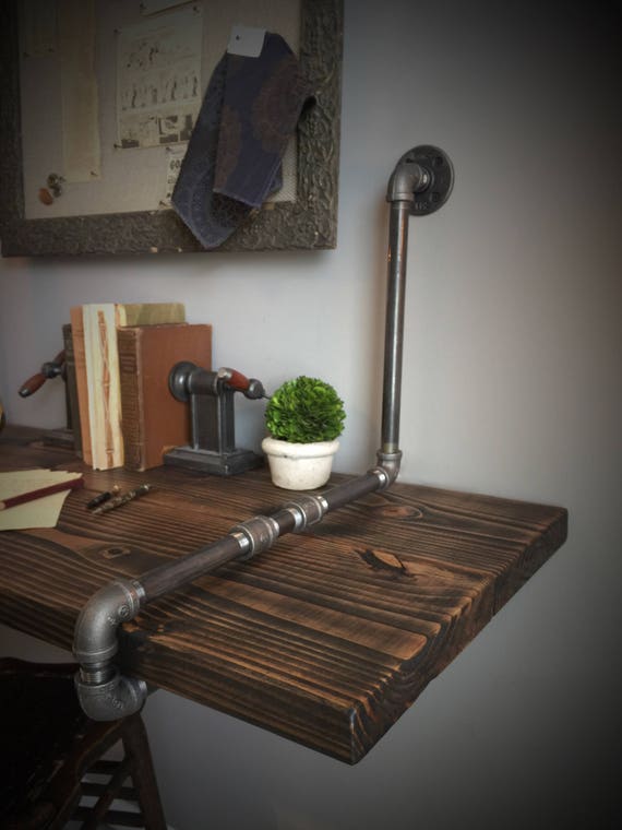 Iron Pipe Solid Pine Wood Desk Farmhouse Suspended Wall Mounted