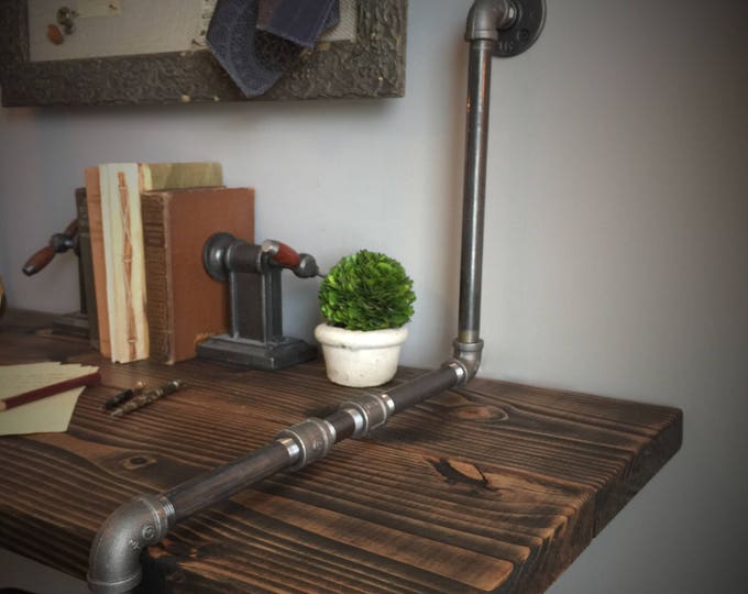 Pipe & Solid Pine Wood Table - Farmhouse - Suspended Wall Mounted / Standing Computer Laptop - Industrial Floating Shelf Table - Whitewash