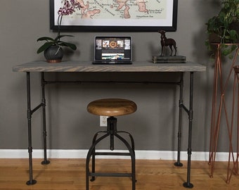 Industrial Seated or Standing Table - Farmhouse Iron Pipe & Solid Wood Freestanding Hall / Sofa Table Laptop - Whitewash Desk