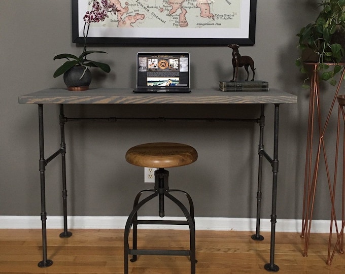 Industrial Seated or Standing Table - Farmhouse Iron Pipe & Solid Wood Freestanding Hall / Sofa Table Laptop - Whitewash Desk