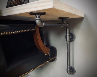Undermount Iron Pipe & Solid Wood Desk - Suspended Wall Mounted/Standing Computer Laptop - Floating Whitewash Farmhouse Shelf Table