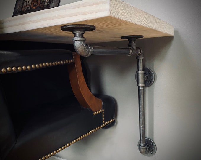 Undermount Iron Pipe & Solid Wood Desk - Suspended Wall Mounted/Standing Computer Laptop - Floating Whitewash Farmhouse Shelf Table