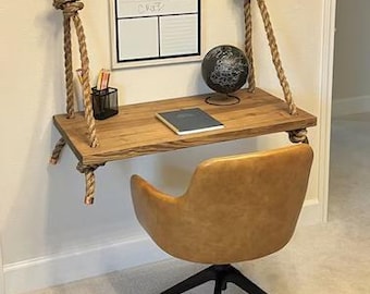 Rope & Pipe Desk - Farmhouse Suspended Wood - Wall Mounted - Standing Computer Laptop Desk - Floating Industrial Hanging Table - Whitewash