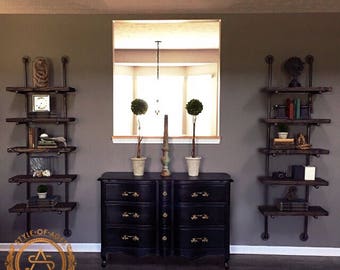 5 Level Wall Mounted Floating Shelf Bookcase - Farmhouse Industrial Pipe & Solid Wood Custom! Style Of Ages - Whitewash