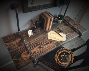 Iron Pipe & Solid Pine Wood Desk - Farmhouse Suspended Wall Mounted / Standing Computer Laptop - Industrial Floating Table - Whitewash