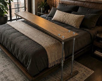 Rolling Sofa Table – Over-Bed Laptop Lap Desk, Farmhouse Whitewash Wood & Iron Legs