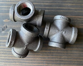 Single 1/2” Black Iron CROSS - CLEAN - DIY Metal Shelving Fitting - Custom Build Desk/Table Legs - Farmhouse Wall Bracket - Connector