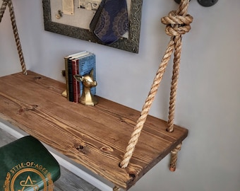 Rope & Pipe Table - Farmhouse Wood - Wall Mounted Suspended - Standing Computer Laptop Desk - Floating Industrial Hanging Natural