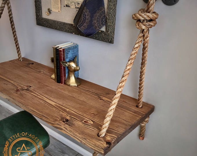 Rope & Pipe Table - Farmhouse Wood - Wall Mounted Suspended - Standing Computer Laptop Desk - Floating Industrial Hanging Natural