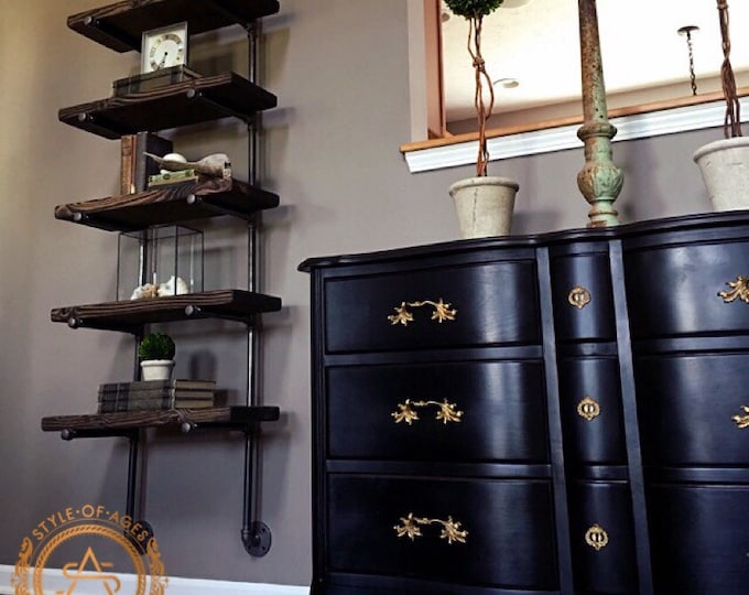 Tall 5 Level Wall Mounted Floating Shelf Bookcase - Industrial Pipe & Solid Wood Custom! Farmhouse Whitewash