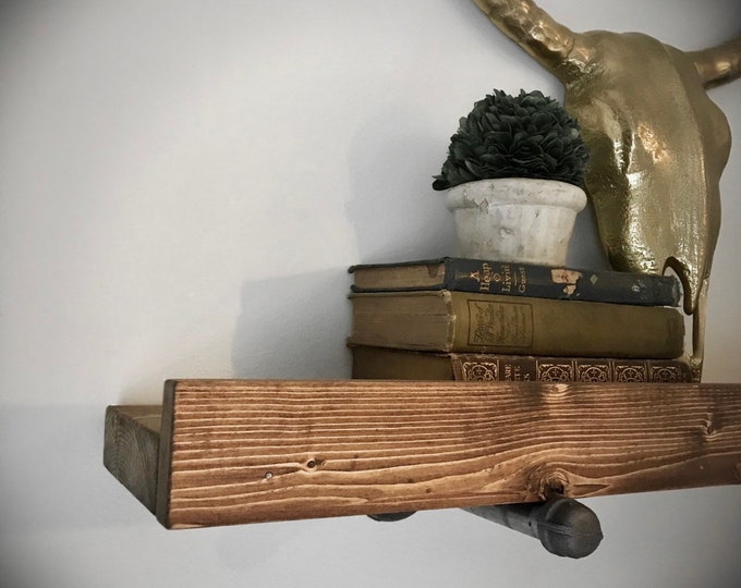 Picture Ledge FREE SHIPPING! Industrial Solid Wood Plank and Iron Pipe Bracket Simple Floating Wall Mounted w/ Lip - FARMHOUSE Whitewash