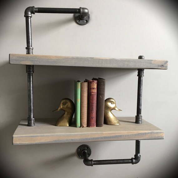 2 Level Iron Pipe & Wood Plank Floating Wall Shelf
