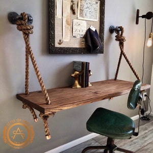 Rope & Pipe Desk - Farmhouse Suspended Wood - Wall Mounted - Standing Computer Laptop Desk - Floating Industrial Hanging Table - Whitewash