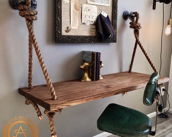 Rope & Pipe Desk - Farmhouse Suspended Wood - Wall Mounted - Standing Computer Laptop Desk - Floating Industrial Hanging Table - Whitewash