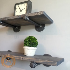 Natural Wall Shelf - Floating Solid Wood Plank and Iron Pipe Bracket Simple Mounted - Farmhouse
