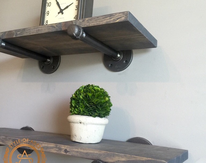 Natural Wall Shelf - Floating Solid Wood Plank and Iron Pipe Bracket Simple Mounted - Farmhouse