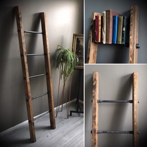 Pipe Wood Blanket Ladder FREE SHIPPING! Industrial - Wall Leaner Quilt / Magazine Rack - Bookshelf - Farmhouse Whitewash