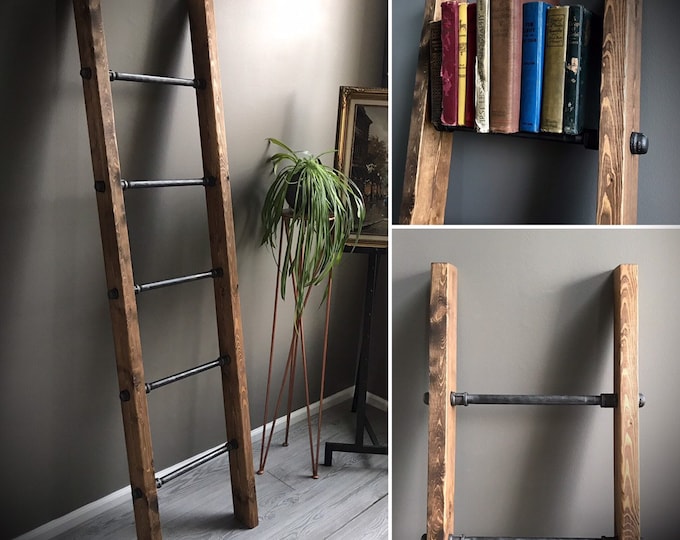 Pipe Wood Blanket Ladder FREE SHIPPING! Industrial - Wall Leaner Quilt / Magazine Rack - Bookshelf - Farmhouse Whitewash