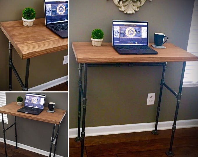 Industrial Seated or Standing Desk - Farmhouse Iron Pipe & Solid Wood Freestanding Hall / Sofa Table Laptop - Whitewash