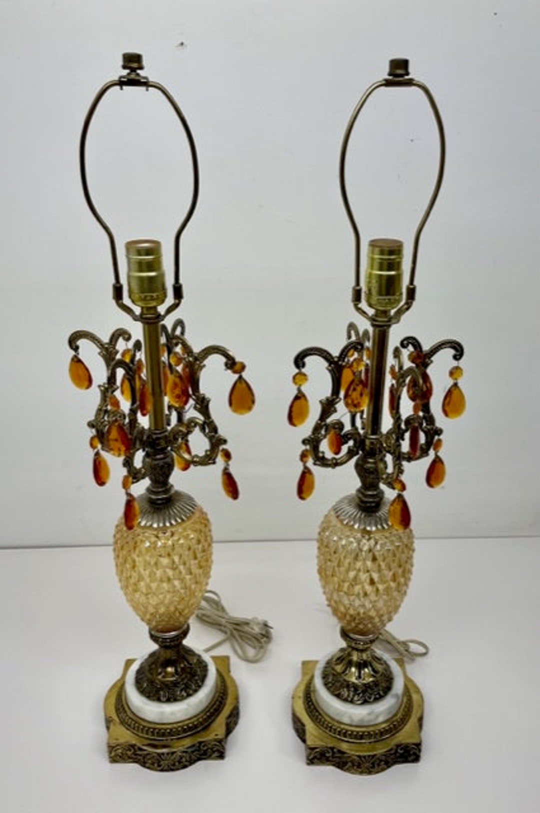 Set of 2 Vintage Cut Glass Table Lamps /hollywood Regency / Amber Glass