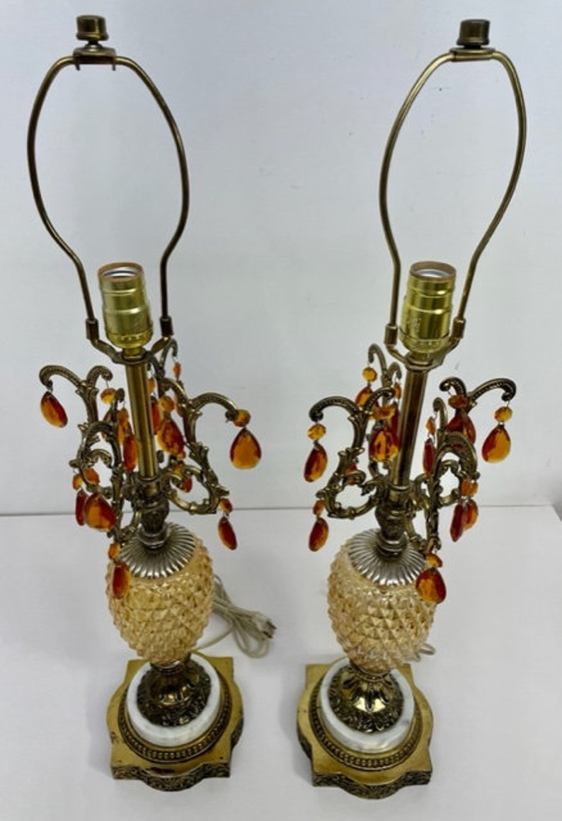 Set of 2 Vintage Cut Glass Table Lamps /hollywood Regency / Amber Glass