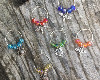 SUNFLOWERS and BEES Wine Glass Charms | Wine Charms Set of 6 | Bee Wine Charm | Sunflower Wine Charm | Gardener Wine Glass Charms |