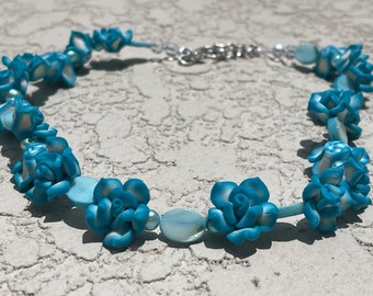 Teal Blue and White Rose Lei Car Charm | Flower Car Charm | Beach Wedding | Bridesmaid Gift | Hawaiian Lei | Flower Lei for Car