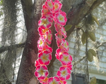 Polymer Clay Plumeria Hawaiian Lei Car Charm: Hot Pink & Yellow