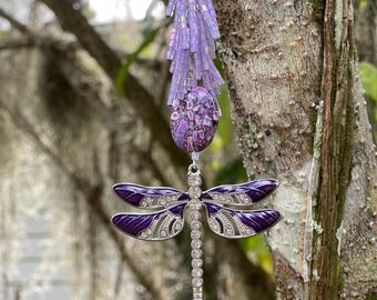 Purple Dragonfly Car Charm | Dragonfly Rear view Mirror Charm | Beaded Charm | Purple Awareness Ribbon | Memorial Dragonfly