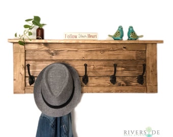 Rustic Wood Wall Coat Rack with Shelf and Cast Iron Hooks – Entryway Organizer