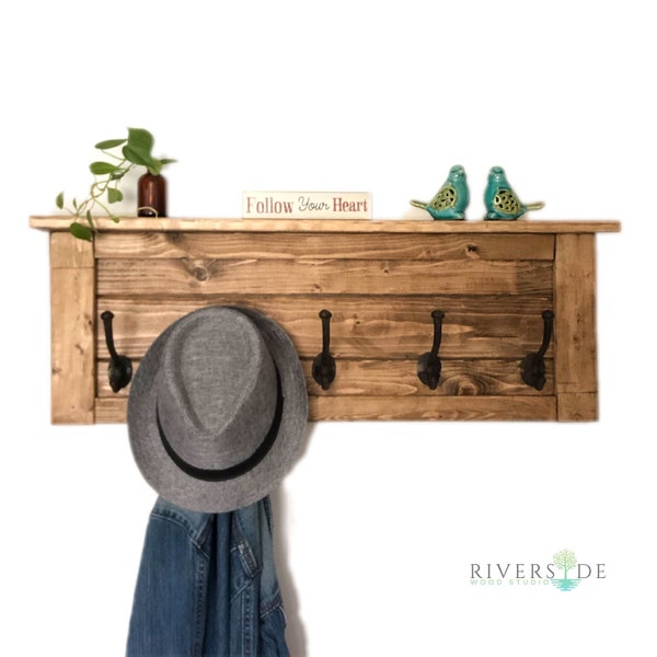 Wood Coat Rack with Shelf / Large Wall Mount Coat Rack / Wood Shelf with Hooks / Bathroom Towel Rack / Rustic Shelf with Cast Iron Hooks