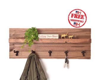 Rustic Wood Shelf with Cast Iron Hooks, Entryway Coat Rack