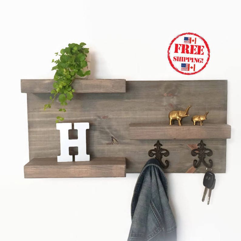 Wood Entryway Wall Organizer Floating Shelf With Hooks Rustic Wooden Shelves Key Rack Bathroom Towel