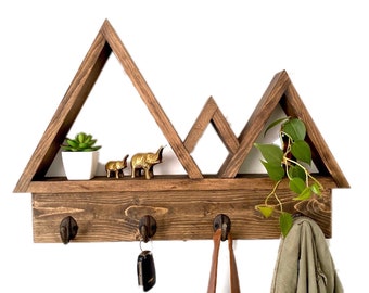 Wood Mountain Shelf with Cast Iron Hooks, Adventure Decor